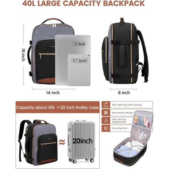LOVEVOOK 40L Travel Backpack for Women & Men, Large Carry on Backpack for main image 6